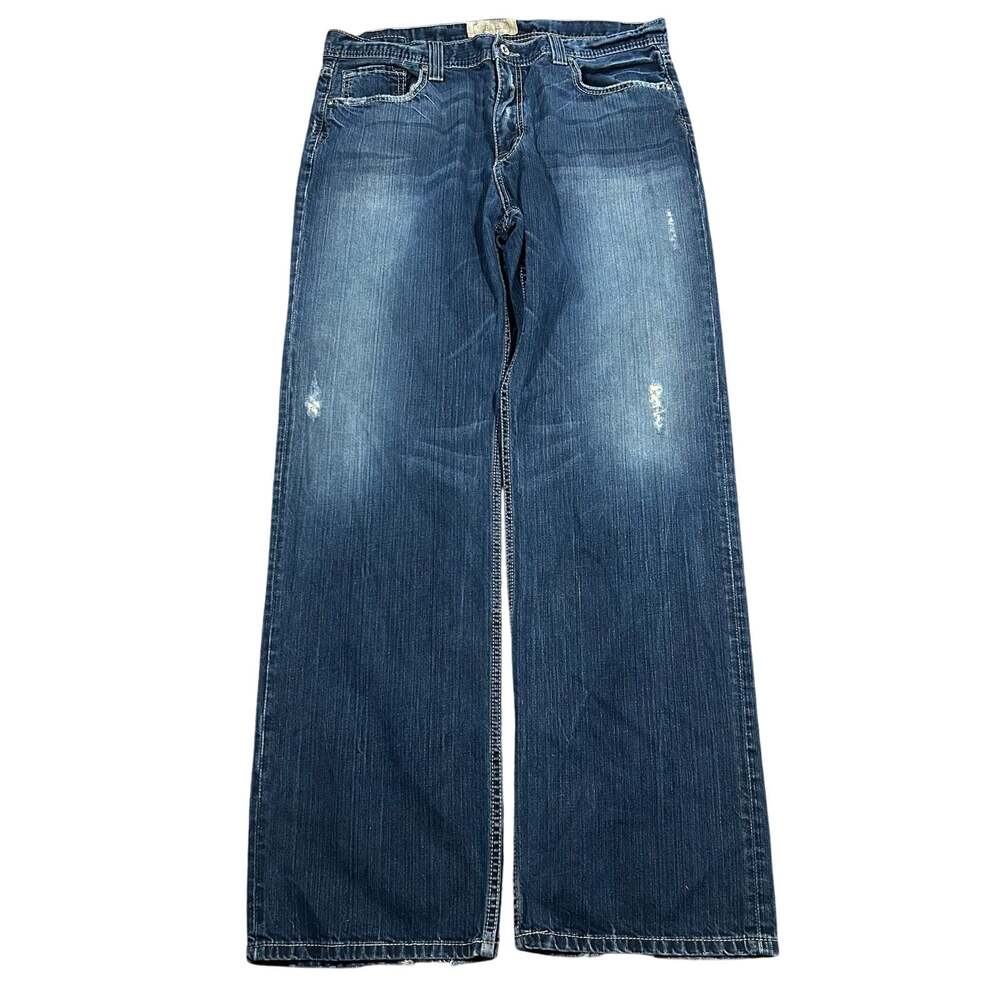 BKE Buckle Seth Wide Leg Bootcut Jeans 36x34 Dark Wash Distressed Heavy Stitch